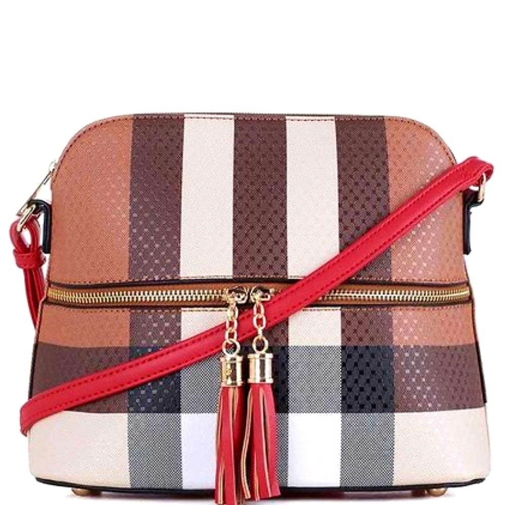 Red Color Block Plaid Crossbody Handbag